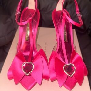 Sophia Webster Hot Pink Satin T-Strap Heels Leah with Heart Crystal Bow